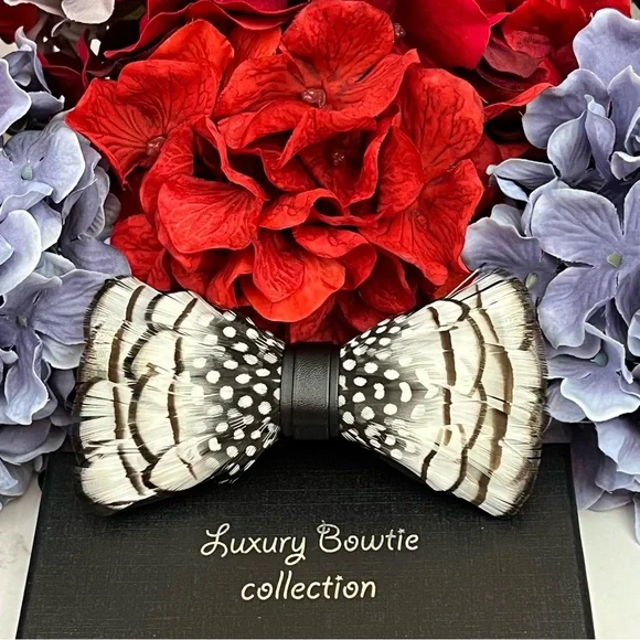 Handmade Black and White Feather Bow Tie Boutonnière Lapel Pin Set - Picture 6 of 16